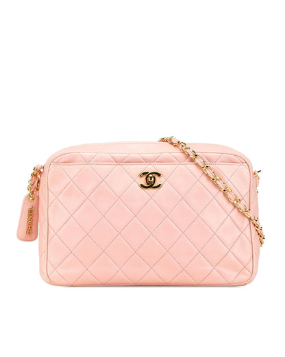 Quilted Lambskin Leather Camera Crossbody Bag with Chain Strap
