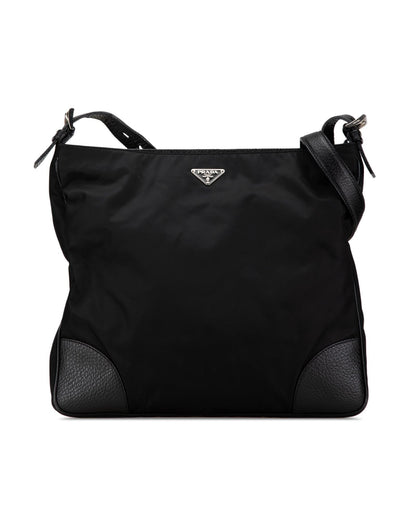 Nylon Crossbody Bag with Leather Trim and Top Zip Closure