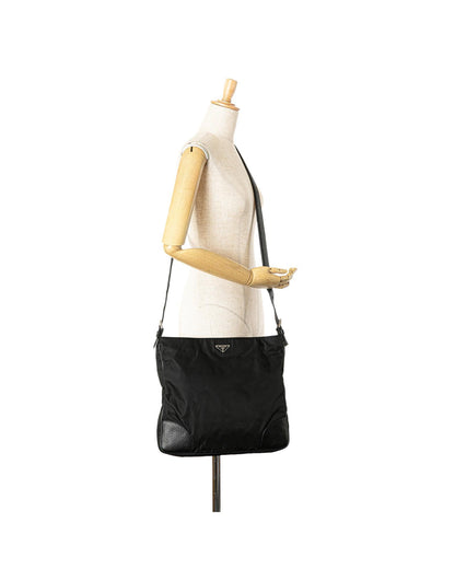 Nylon Crossbody Bag with Leather Trim and Top Zip Closure