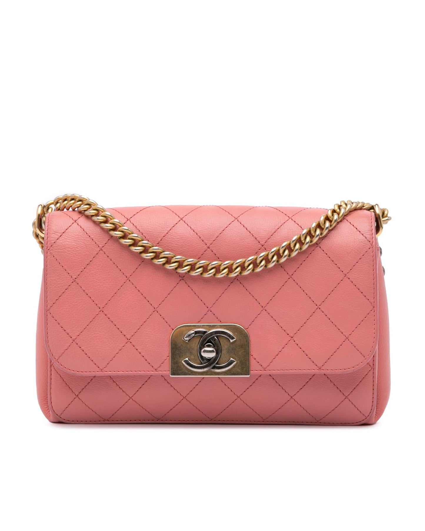 Quilted Calfskin Flap Crossbody Bag with Chain Strap and Twist Lock Closure
