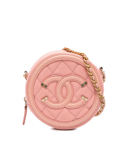 Quilted Leather Filigree Round Crossbody Bag with Chain Strap