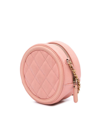 Quilted Leather Filigree Round Crossbody Bag with Chain Strap