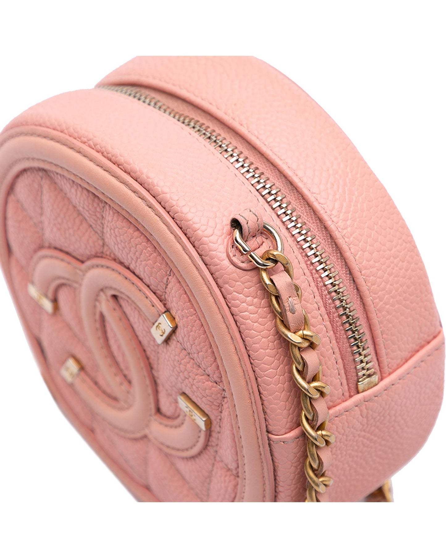 Quilted Leather Filigree Round Crossbody Bag with Chain Strap