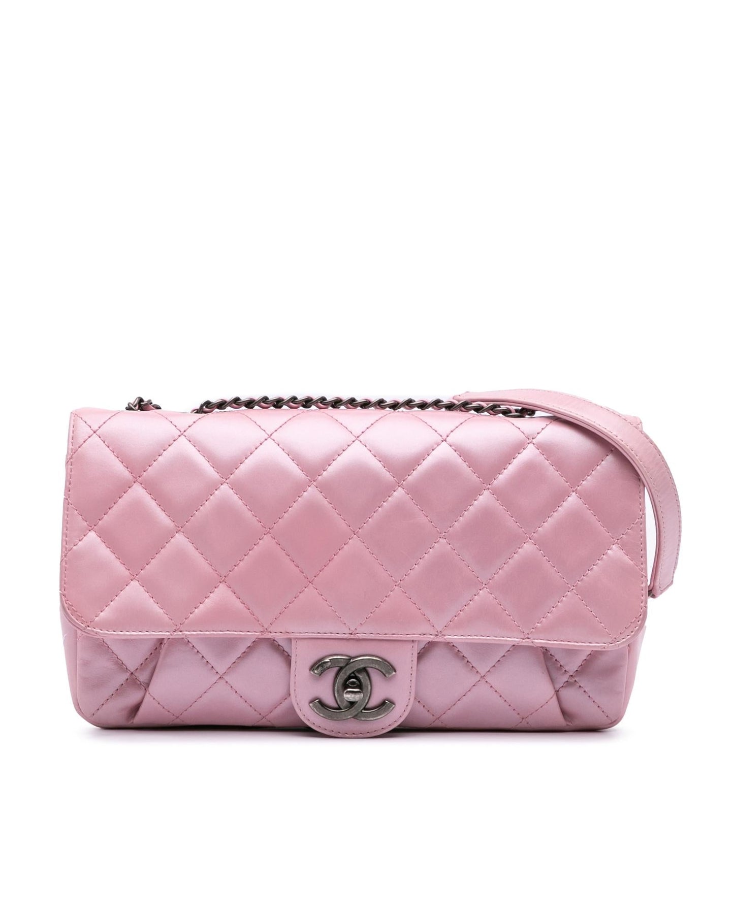 Metallic Calfskin Quilted Crossbody Bag with Chain Strap and Metal Lock Closure