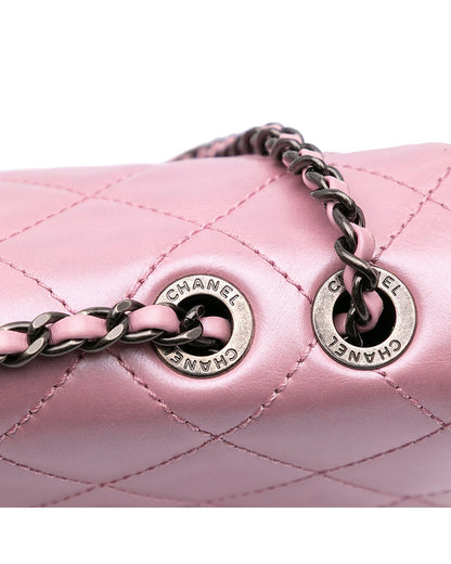 Metallic Calfskin Quilted Crossbody Bag with Chain Strap and Metal Lock Closure