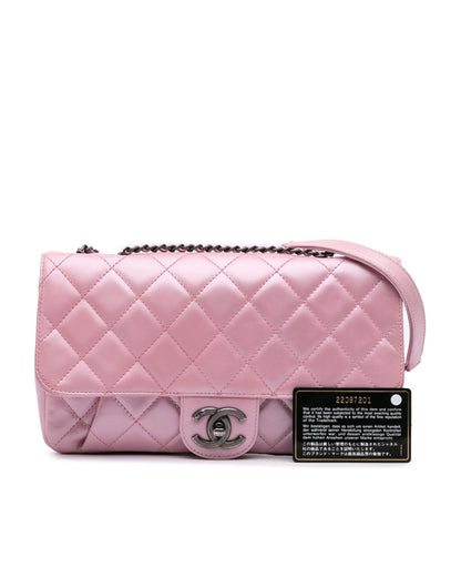 Metallic Calfskin Quilted Crossbody Bag with Chain Strap and Metal Lock Closure