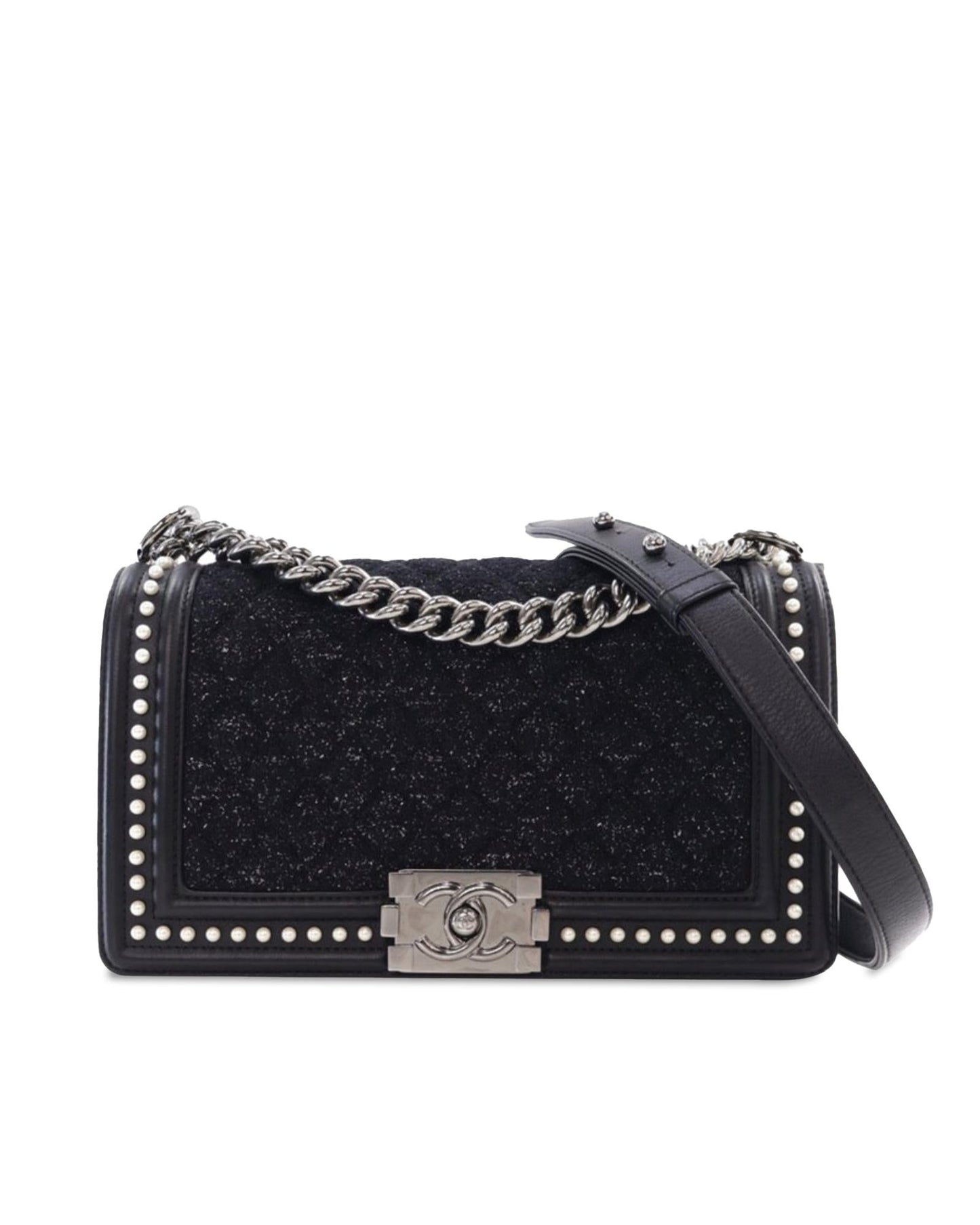 Medium Tweed and Calfskin Pearl Boy Flap Crossbody Bag