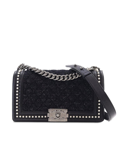 Medium Tweed and Calfskin Pearl Boy Flap Crossbody Bag