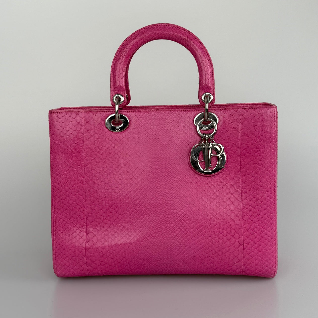 Christian Dior Large Lady Dior Bag With Pink Python Leather And Silver Hardware