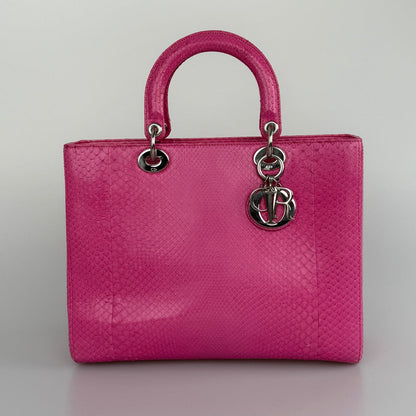 Christian Dior Large Lady Dior Bag With Pink Python Leather And Silver Hardware