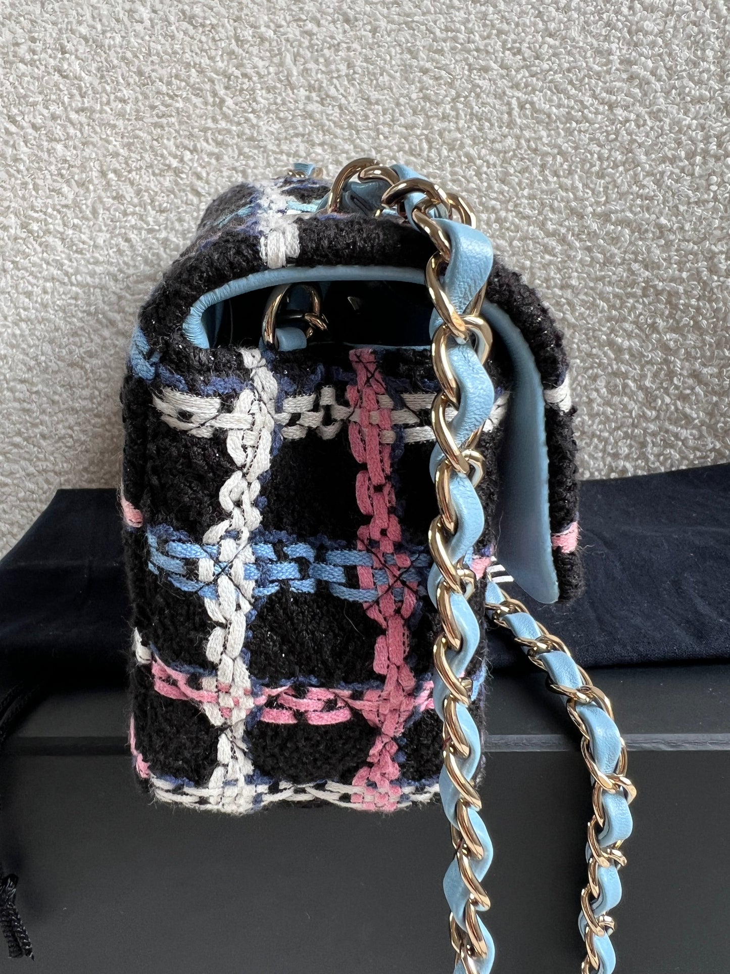 Chanel Classic Quilted Rectangular Mini Flap Bag in Multi Coloured Boucle Tweed and Champagne Gold Hardware (RRP £4390)