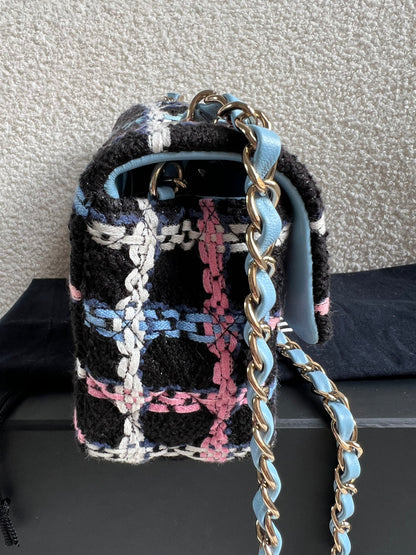 Chanel Classic Quilted Rectangular Mini Flap Bag in Multi Coloured Boucle Tweed and Champagne Gold Hardware (RRP £4390)