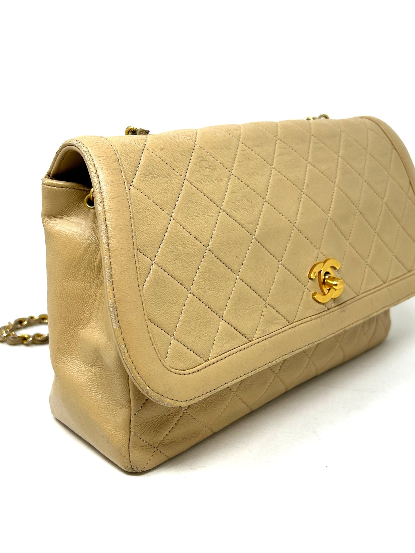 Chanel Beige Quilted Leather CC Logo Flap Shoulder Bag 24K Gold Plated -