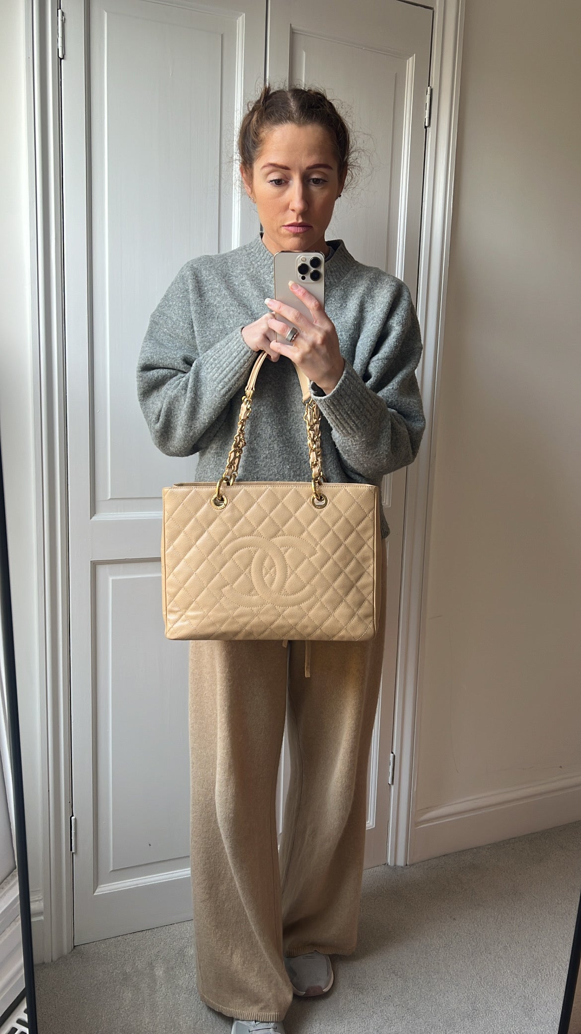 Chanel Beige Caviar Grand Shopper Tote gold hardware (GST)