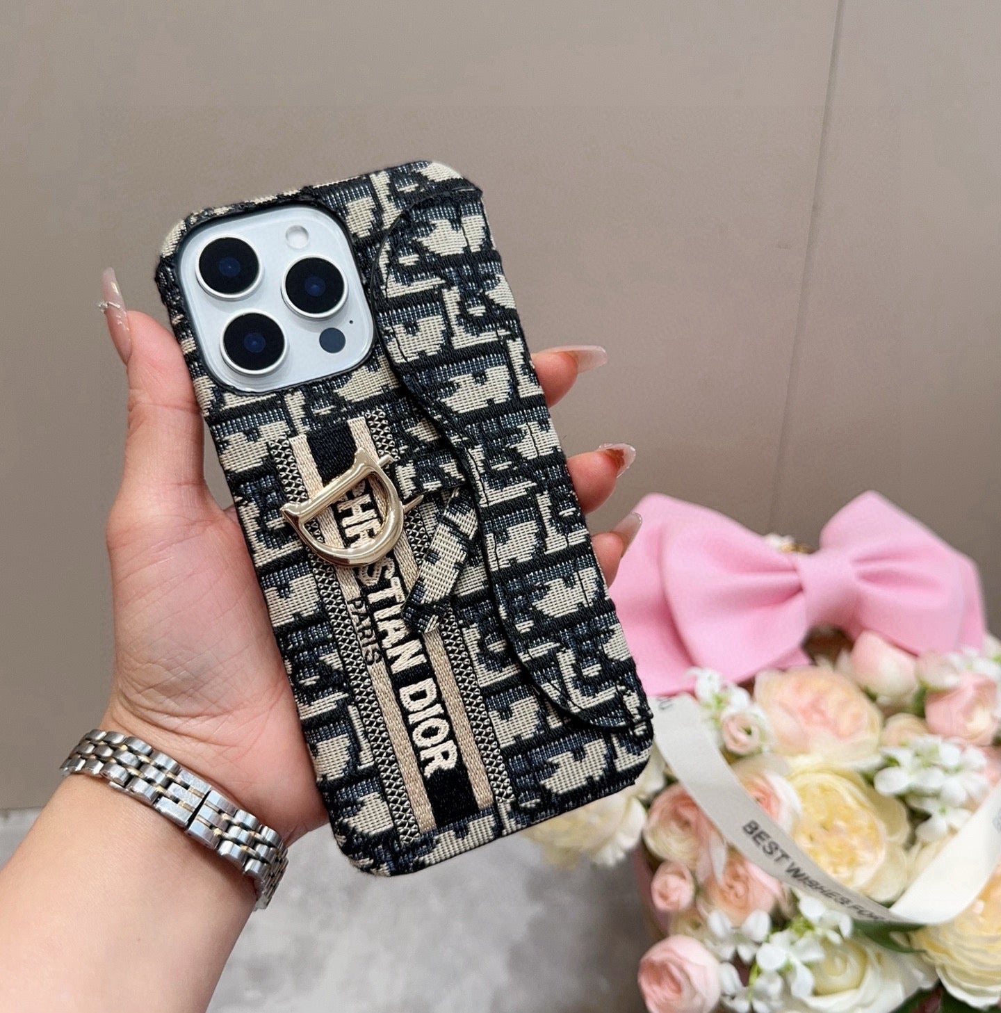 Dior Embroidered Fabric Card Holder Phone Case