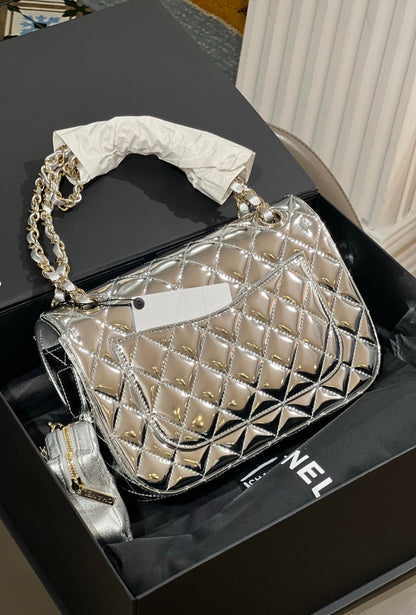 Chanel 24C Rectangle Flap Silver Mirror Patent Leather With Star Coin Purse And Gold Hardware New In Box