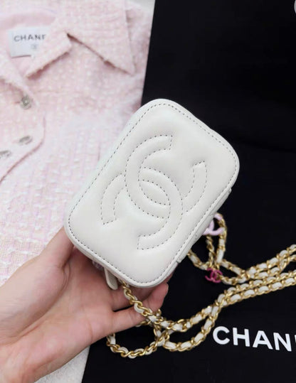 Chanel 24A Pink Enamel Double C White Leather Gold Chain Vanity Case Bag