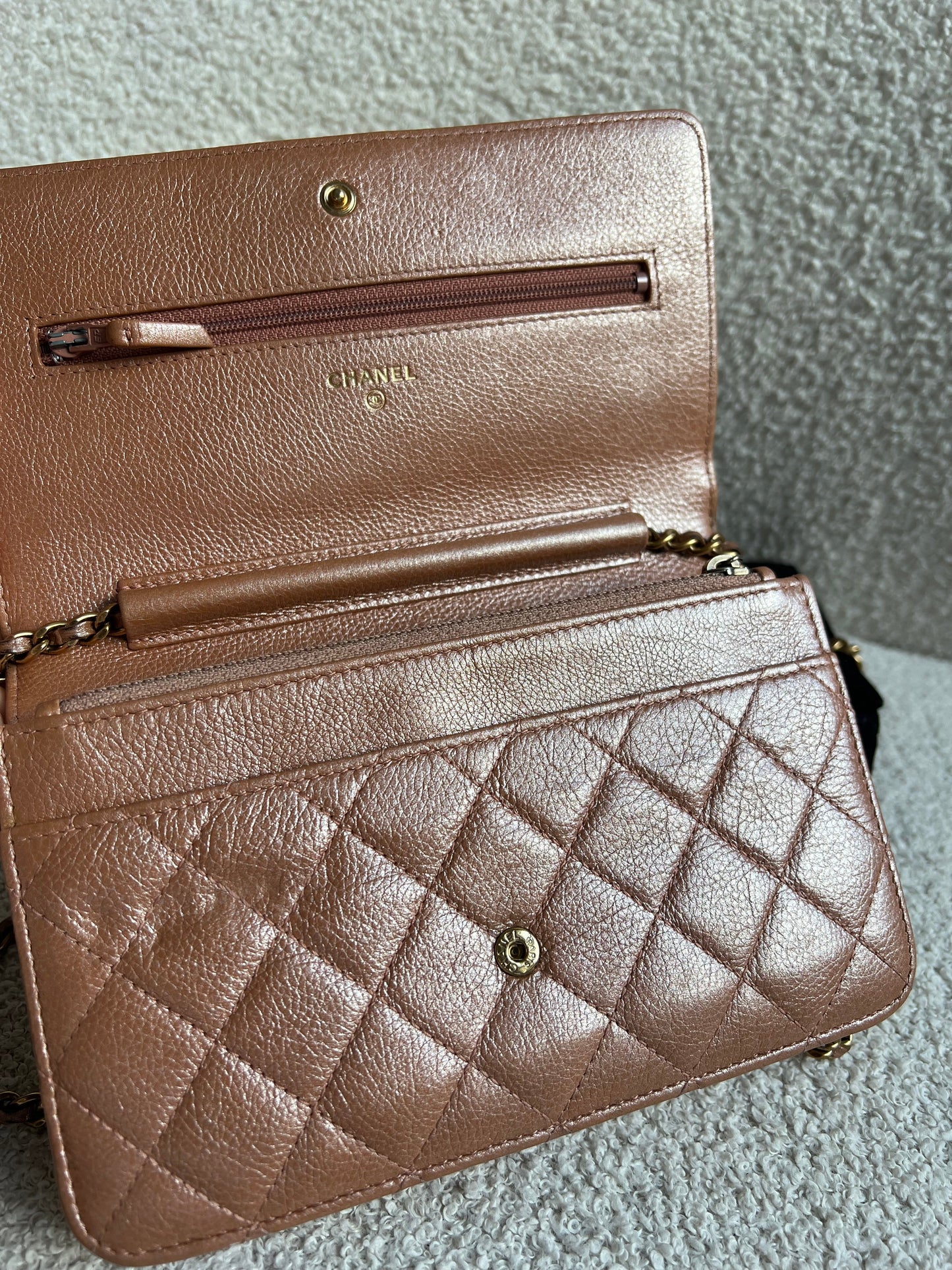 Chanel Dark Beige Quilted Caviar Boy Wallet on Chain