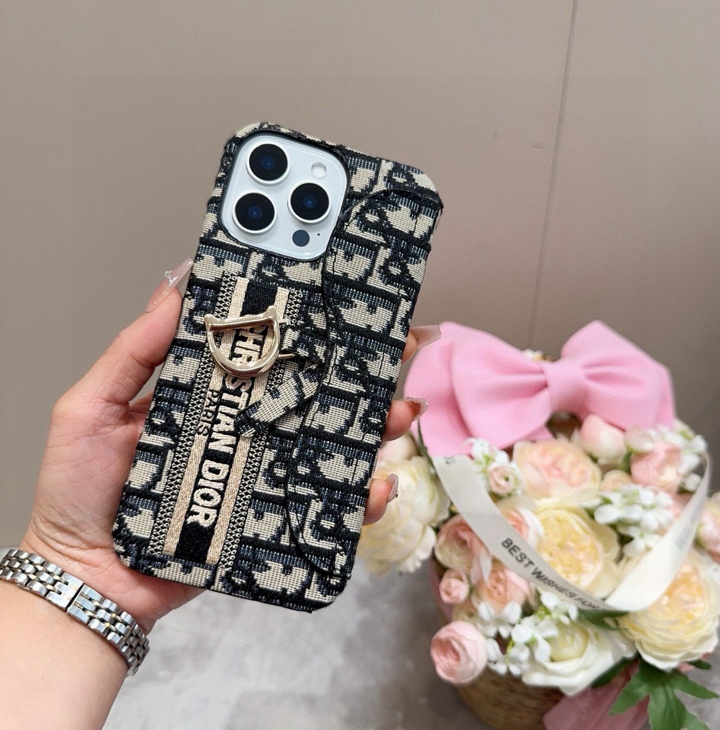 Dior Embroidered Fabric Card Holder Phone Case
