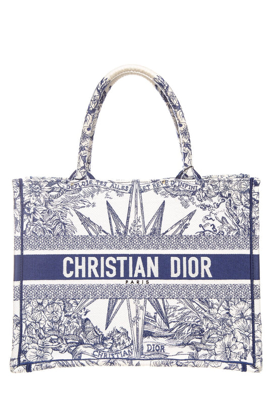Christian Dior 2022 Navy And Ivory Medium Toile De Jouy Embroidery Tote