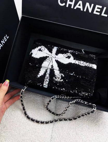 Chanel 24B Black And White Sequin Bow Silver Hardware Mini Flap Chain Bag
