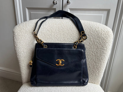 Chanel Vintage Navy Lambskin Chain Tote with 24k Gold Hardware