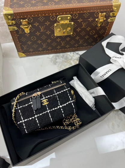 Chanel 23K Black White Tweed Mini Vanity Case Gold Chain