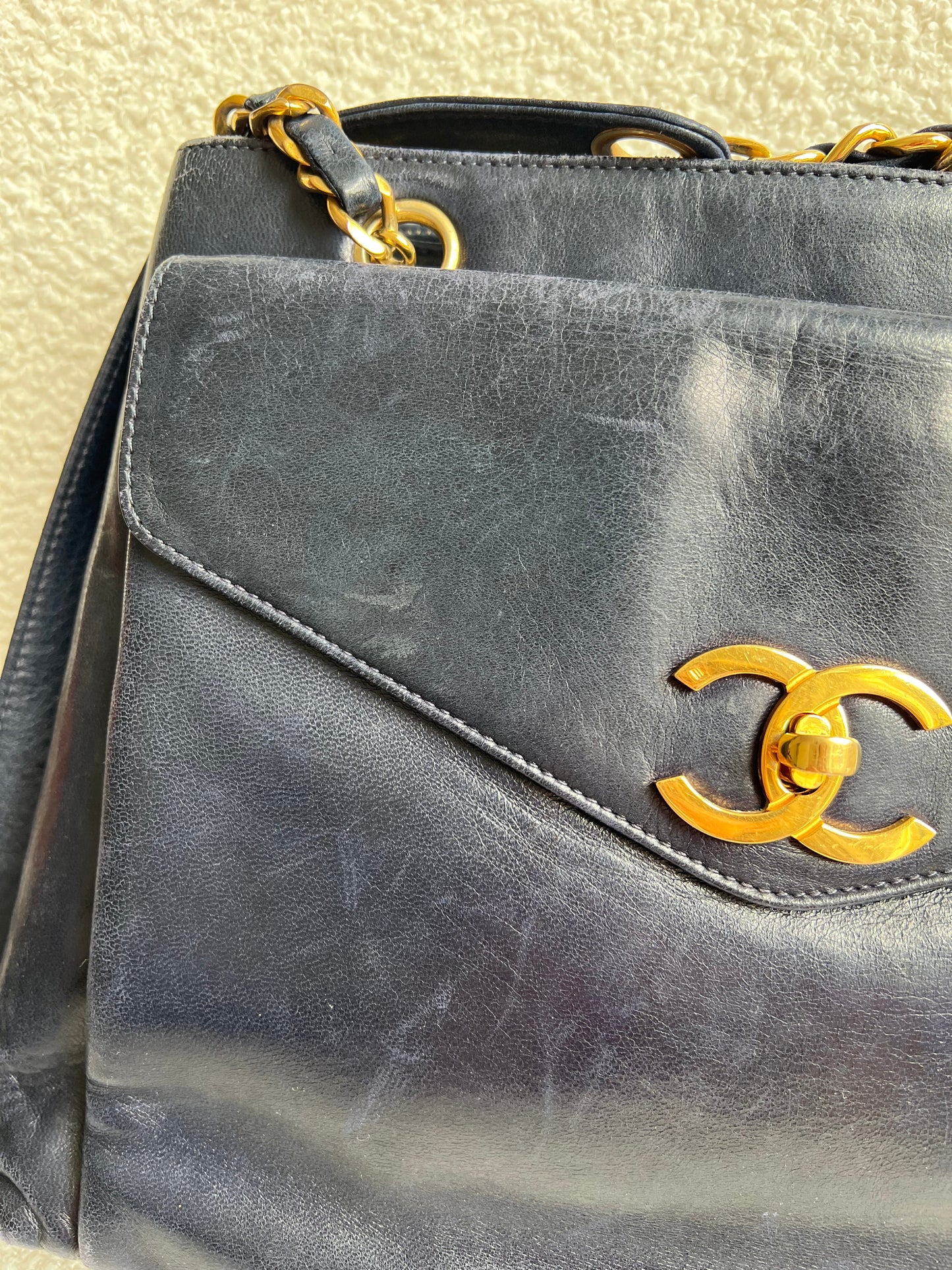 Chanel Vintage Navy Lambskin Chain Tote with 24k Gold Hardware