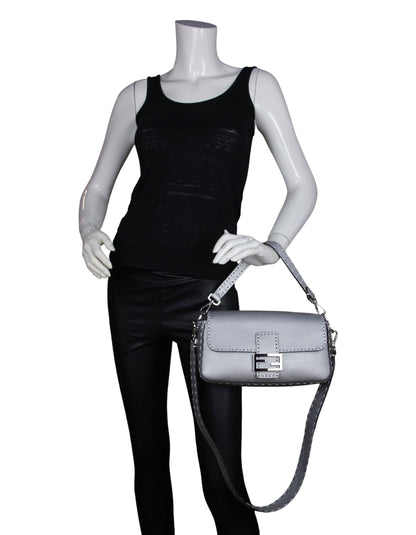 Fendi Silver Selleria Leather Baguette Bag w/ Oversized Topstitching