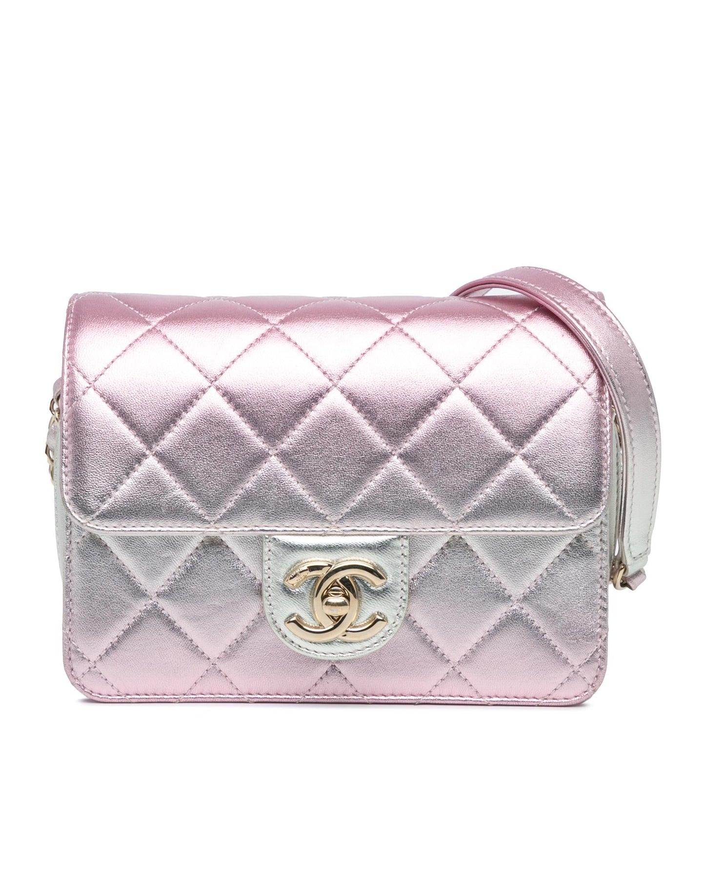 Metallic Quilted Leather Crossbody Bag with Chain Strap and Turn Lock Closure