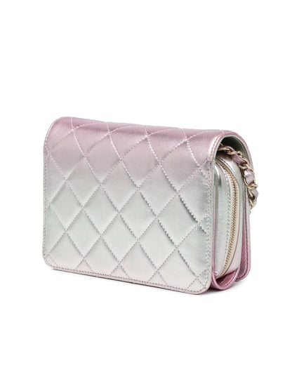 Metallic Quilted Leather Crossbody Bag with Chain Strap and Turn Lock Closure
