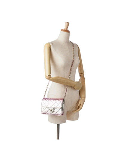 Metallic Quilted Leather Crossbody Bag with Chain Strap and Turn Lock Closure