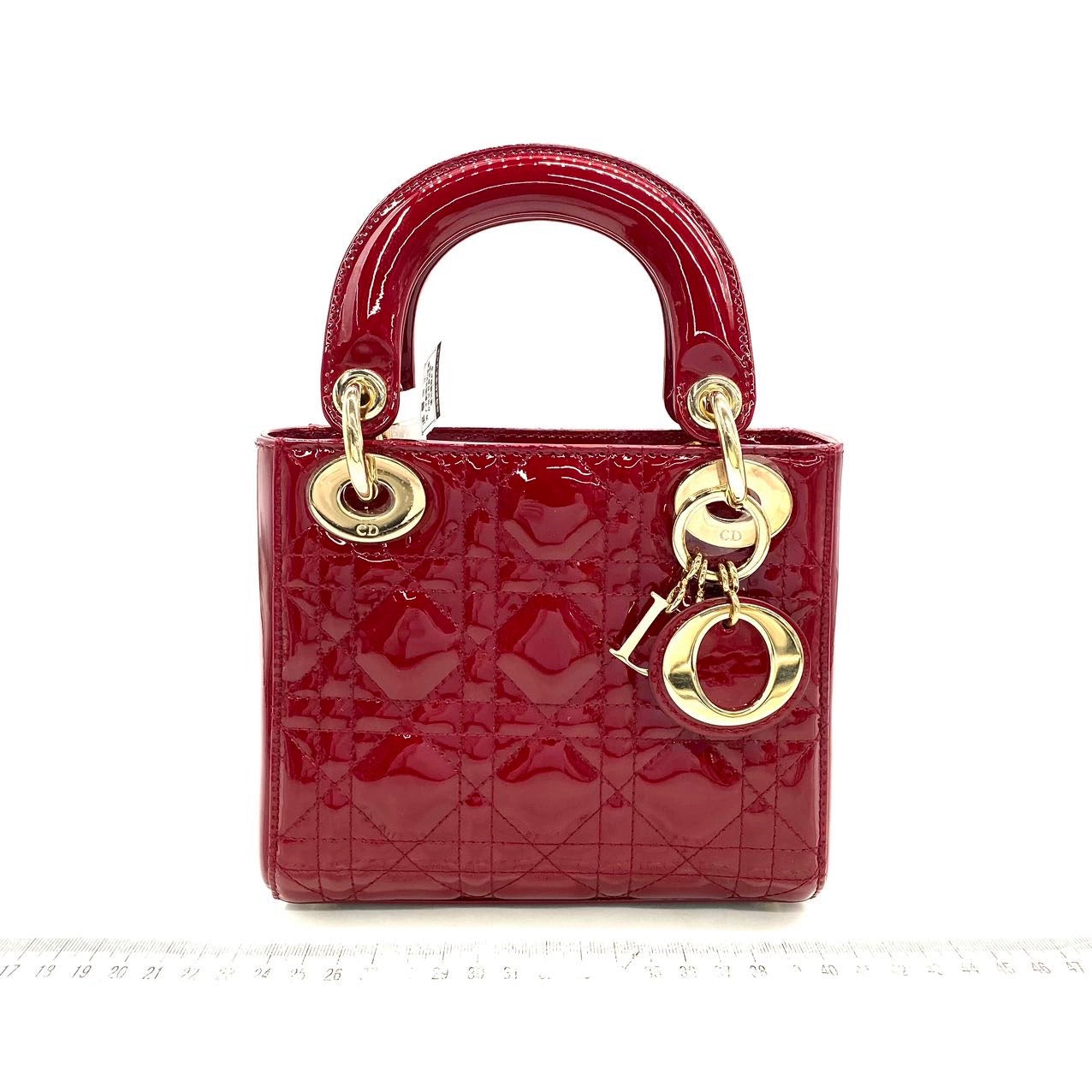 Lady Dior Mini Handbag Burgundy Red Patent Leather Gold-tone Chain Strap