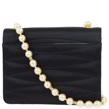 Chanel Black Rhinestone Artificial Pearl Chain Straight Flap Bag