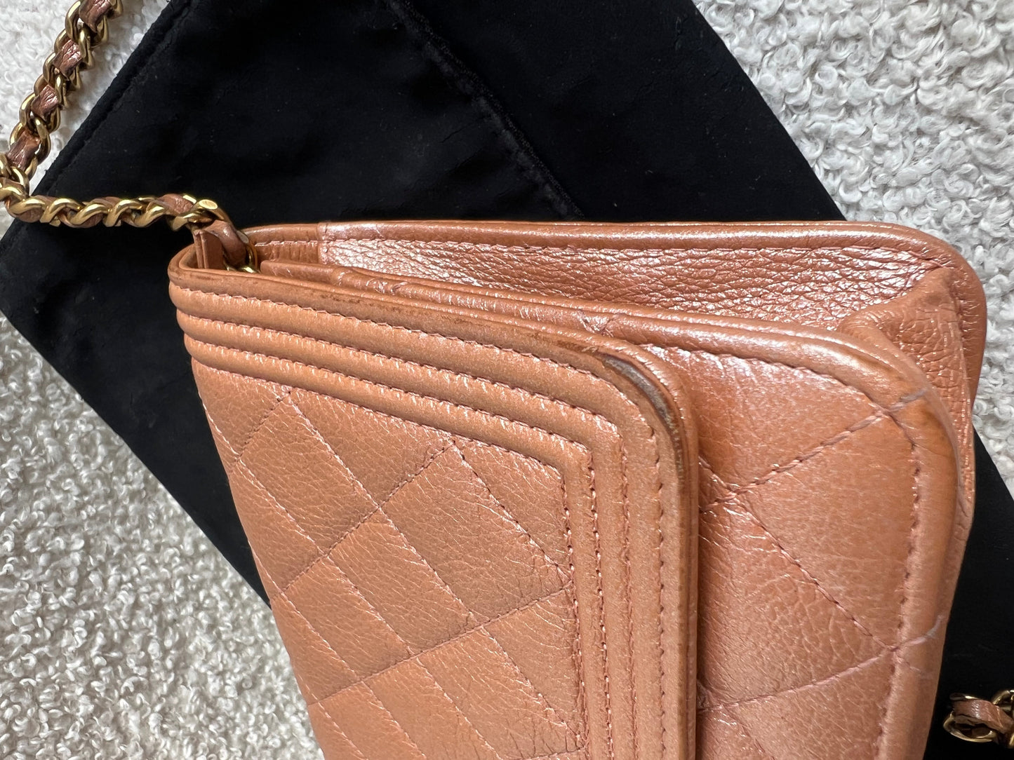 Chanel Dark Beige Quilted Caviar Boy Wallet on Chain