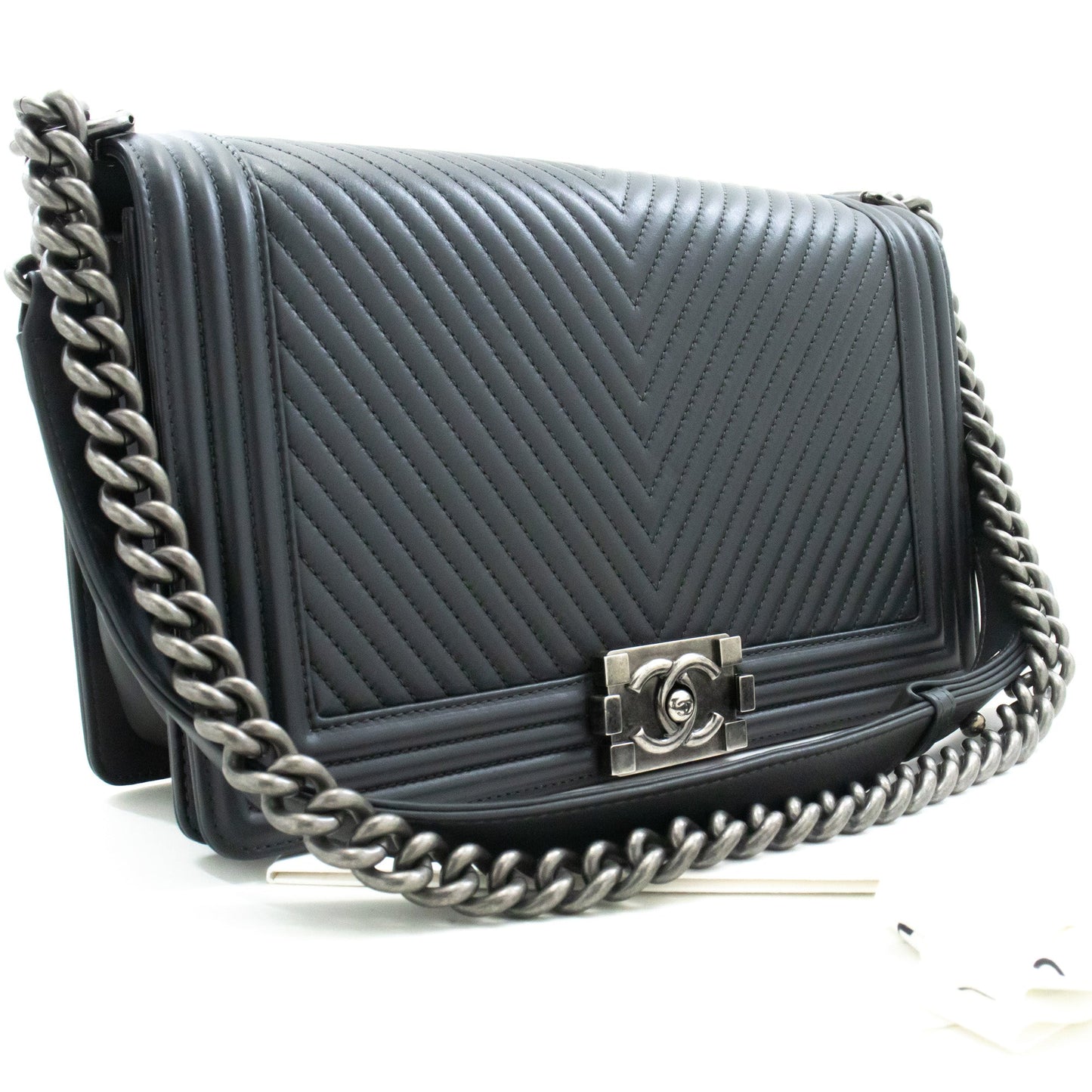 Chanel Boy Dark Gray V-Stitch Chain Shoulder Bag Quilted Flap