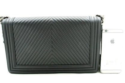 Chanel Boy Dark Gray V-Stitch Chain Shoulder Bag Quilted Flap
