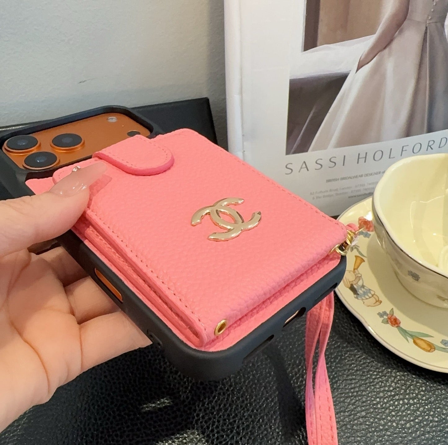 Chanel Style Leather Flip Card Holder Crossbody Phone Case