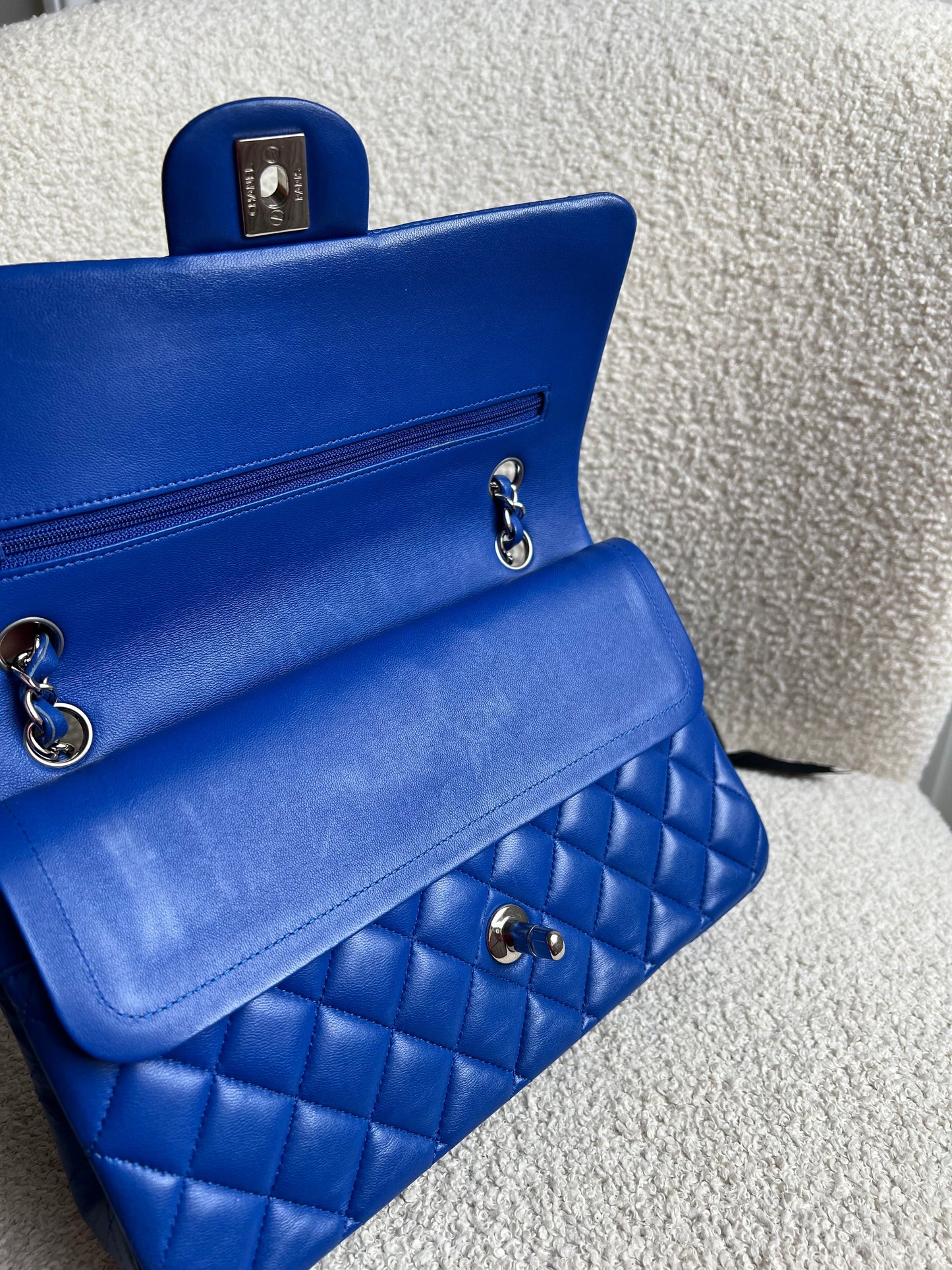 Chanel Medium Classic Flap in Cobalt Blue Lambskin with silver hardware (RRP £9090)