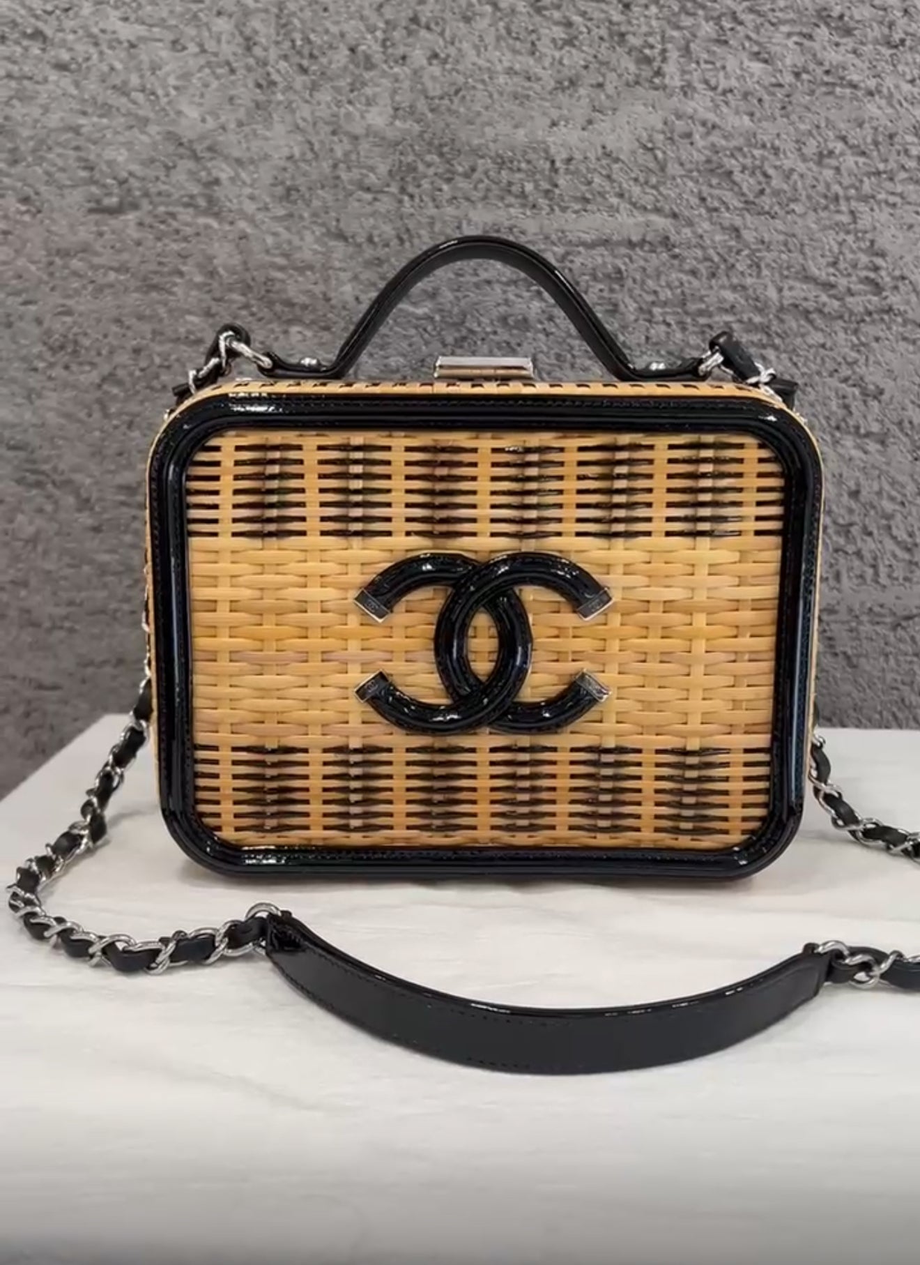 Chanel Vanity Case Beige Black Rattan Patent Calfskin Silver-Tone Metal