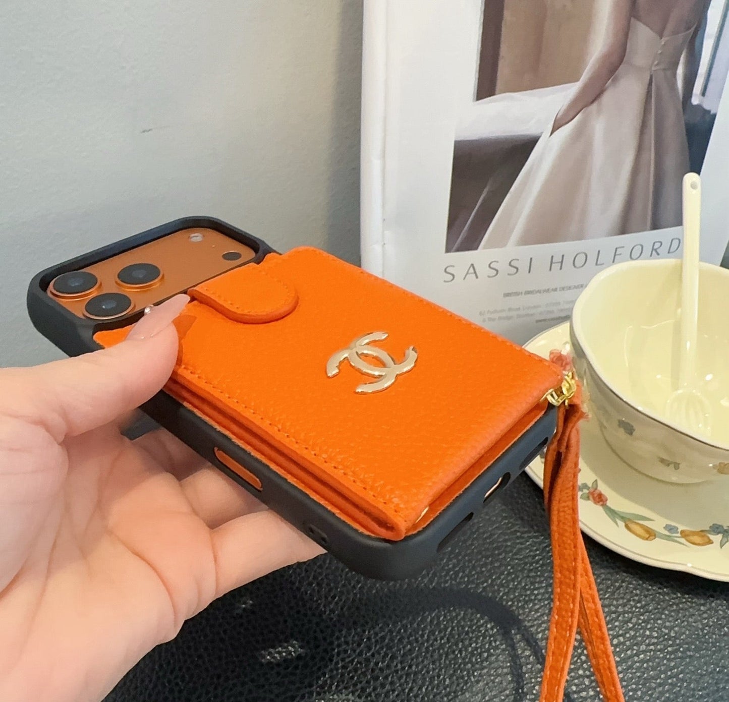 Chanel Style Leather Flip Card Holder Crossbody Phone Case