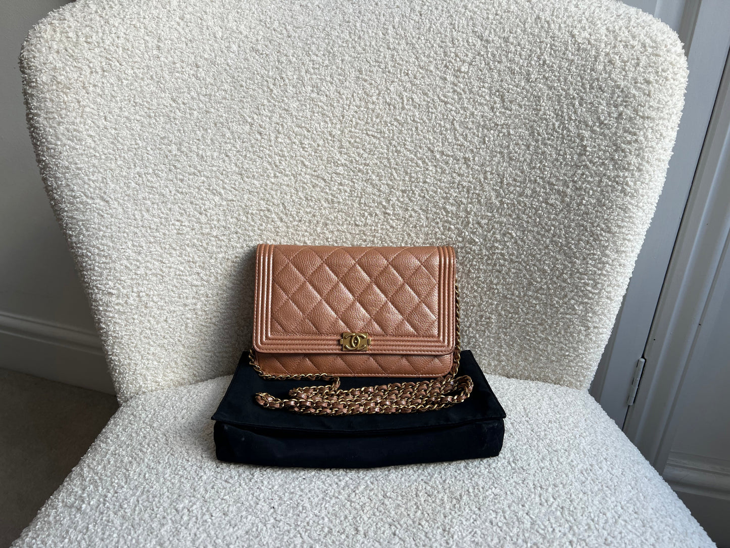 Chanel Dark Beige Quilted Caviar Boy Wallet on Chain