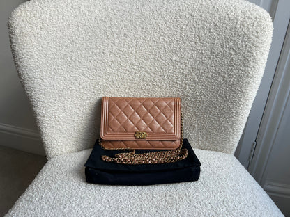 Chanel Dark Beige Quilted Caviar Boy Wallet on Chain