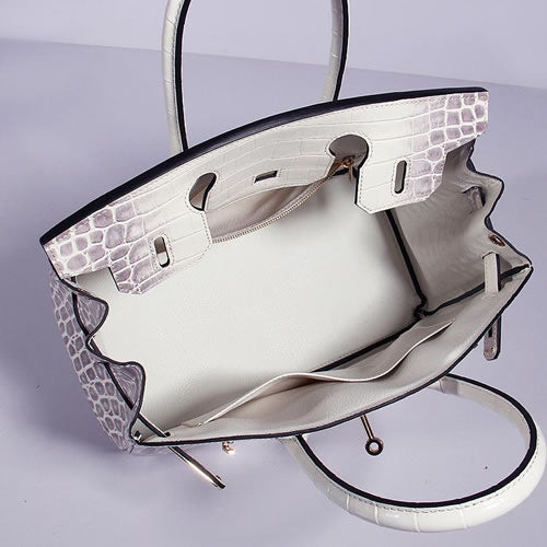 Luxury Hermes Birkin 30Cm Crocodile Leather Bag With Strap Grey White Gold