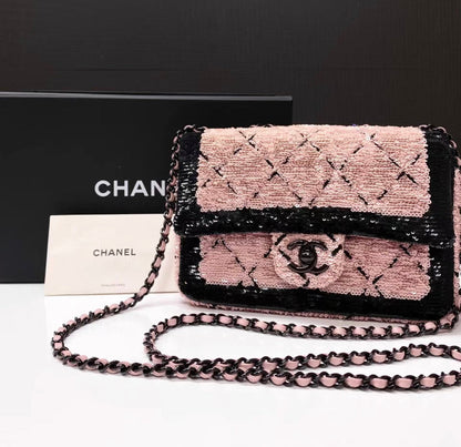 Chanel 24P Small Flap Bag Sequins Black Metal Pink Black
