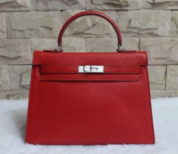 Luxury Hermes Kelly 32Cm Epsom Leather Handbag Red Silver
