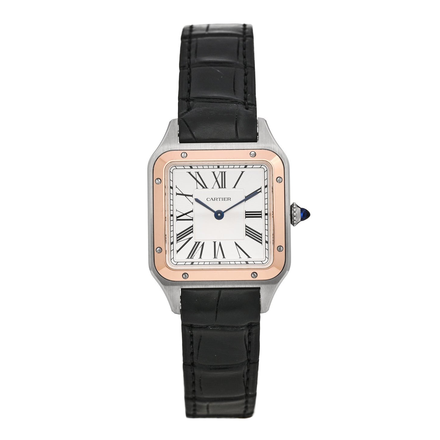 Stainless Steel 18K Pink Gold Alligator 31.4mm Santos Dumont Quartz Watch