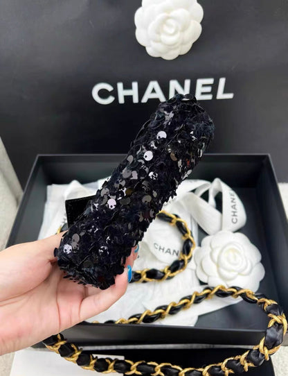 Chanel Metiers D Art 24A Black Sequin Tweed Evening Mini Clutch Bag With Bow