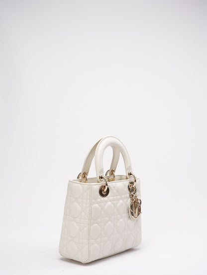 Christian Dior White Small Lady Dior Bag In Cannage Lambskin 2017