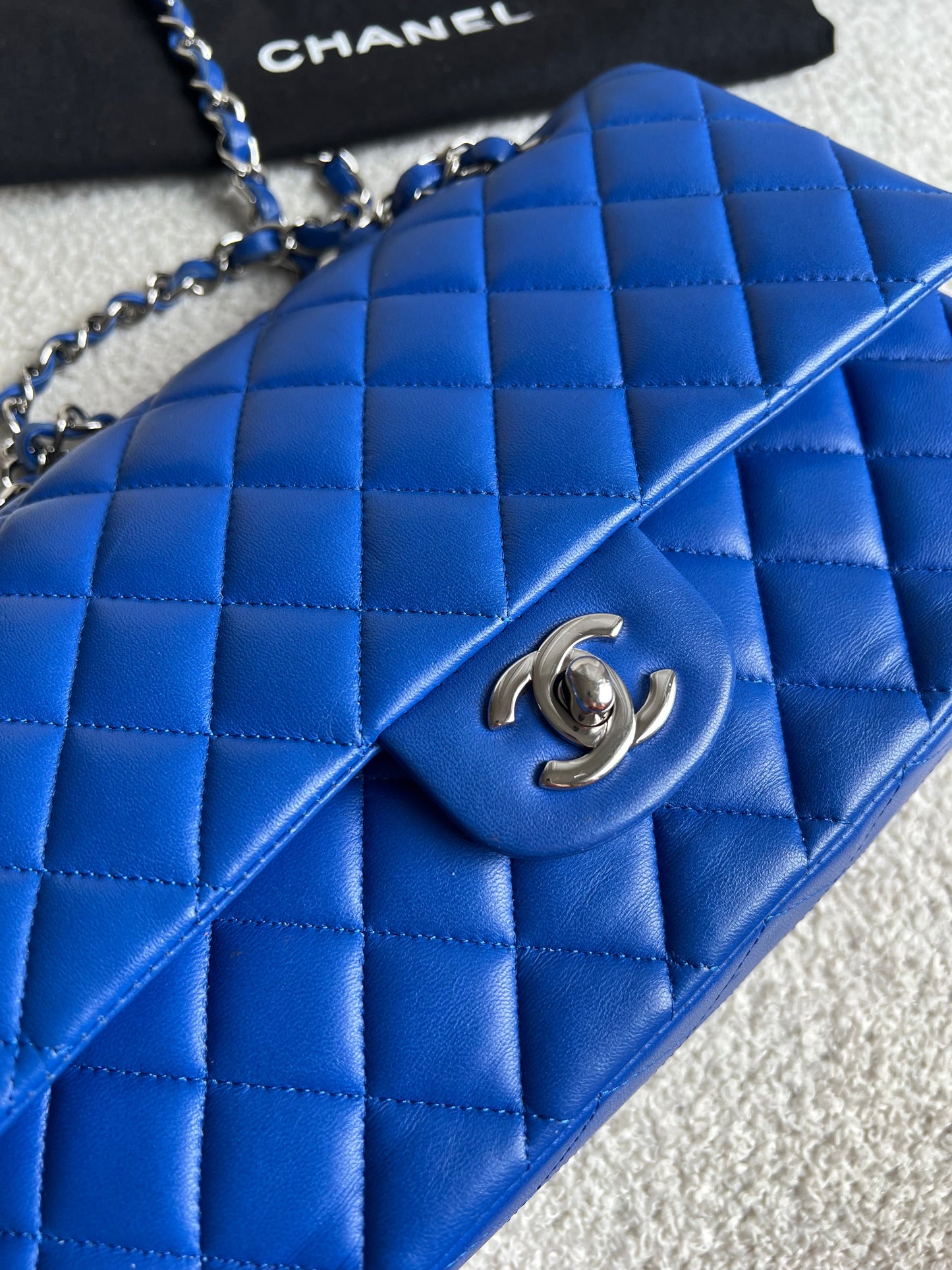 Chanel Medium Classic Flap in Cobalt Blue Lambskin with silver hardware (RRP £9090)